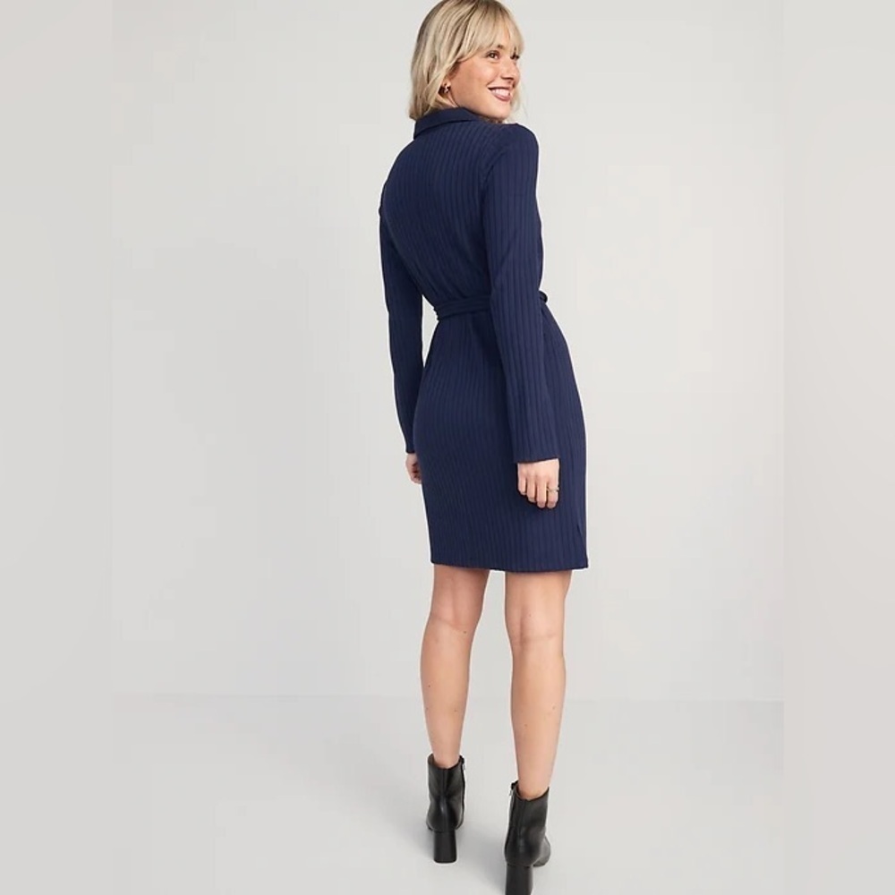 Old Navy Fitted Rib Knit Tie-Belt Long Sleeve Mini Polo Dress Navy Blue sz Med - Picture 3 of 9